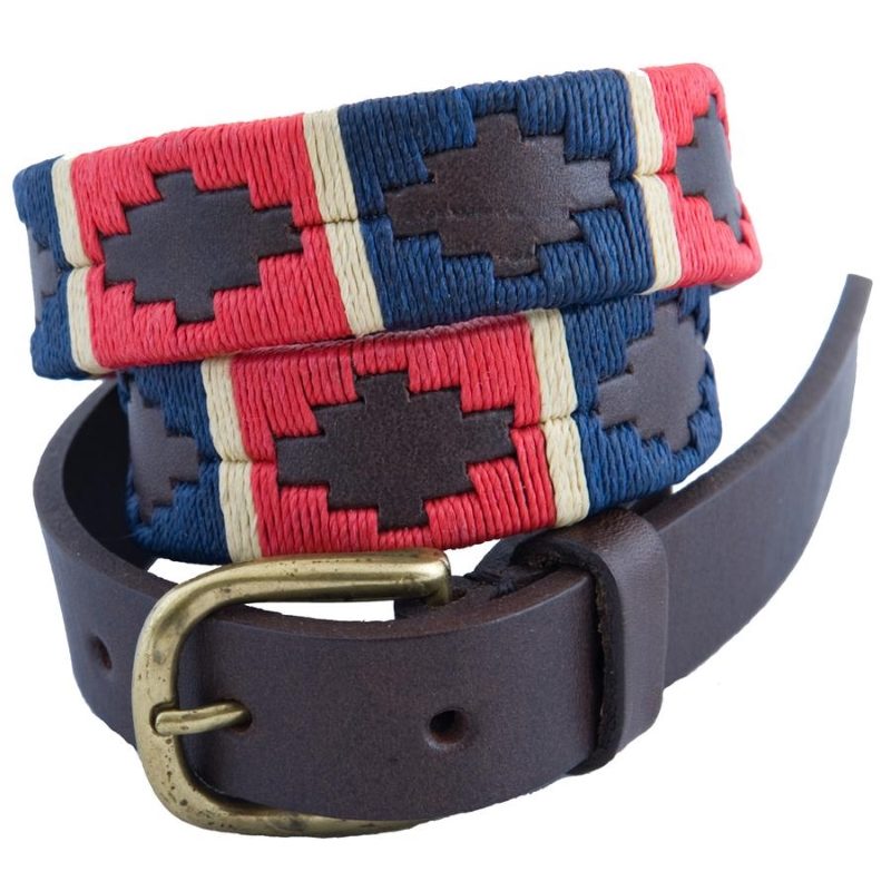 Pampa Leather Polo Belts - Red/Navy Cream Stripe